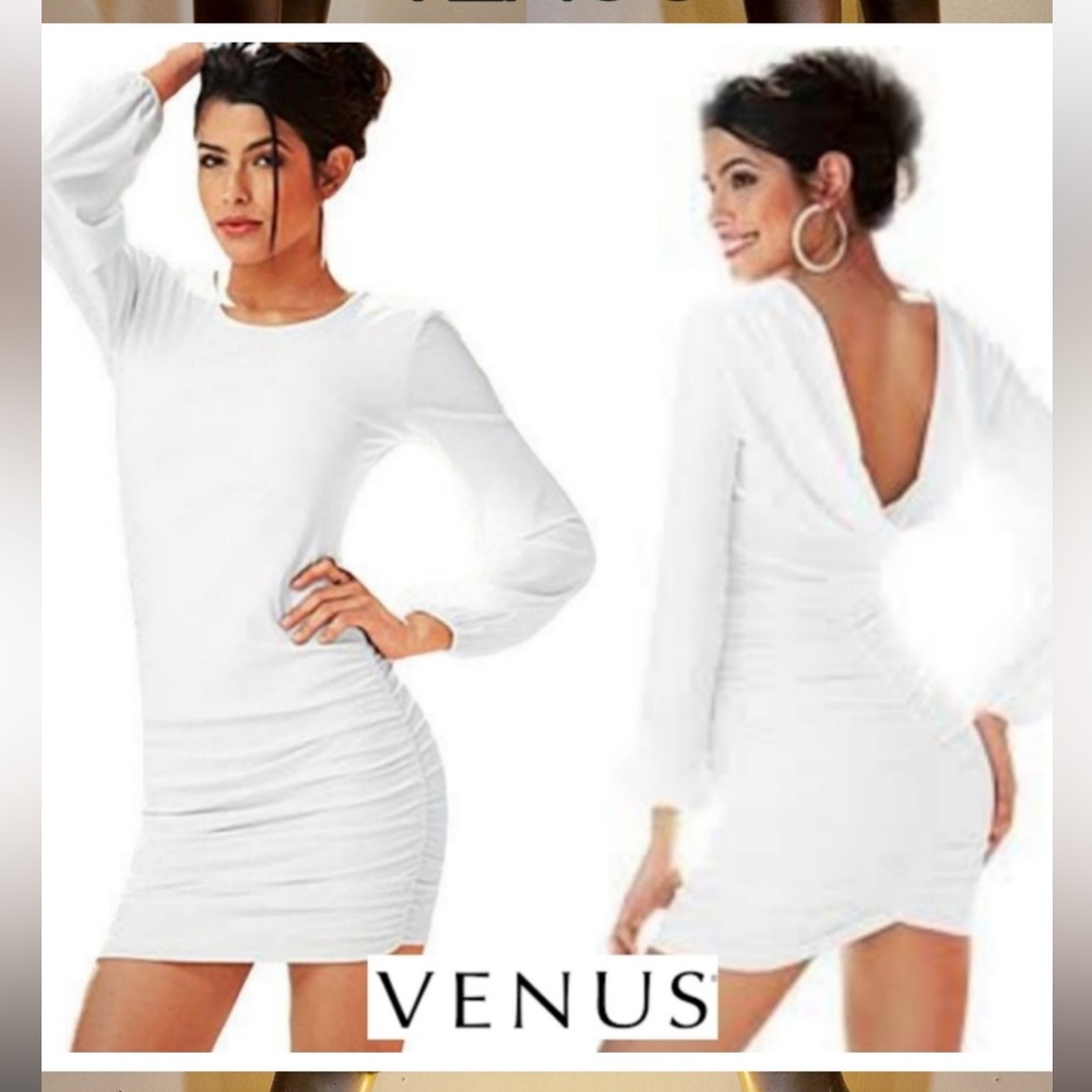 VENUS White Ruched Drape Back Summer Dress Sz Medium